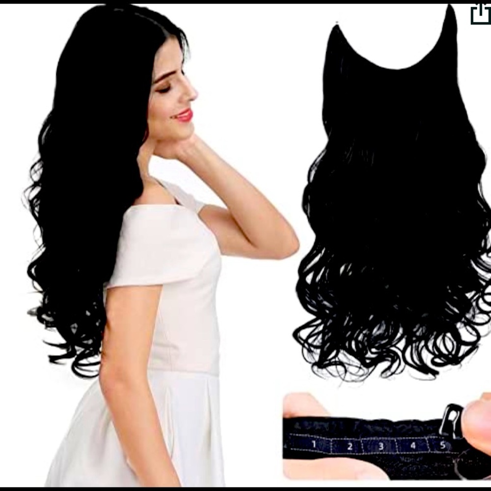 Hair Extensions Transparent Headband Adjustable Size in Curly Wavy  24 In black